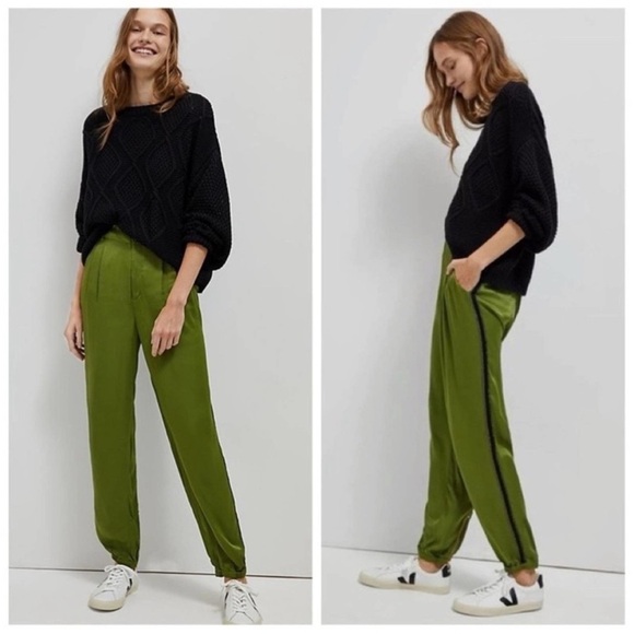 Anthropologie Deandra Green Tuxedo Satin Joggers 4 Ankle Zip Viscose High Rise - Picture 2 of 16